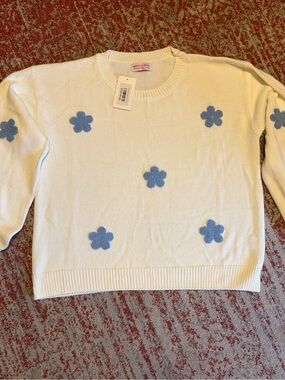 Cream Crewneck Sweater with Blue Floral Appliqués